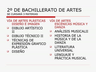 2º DE BACHILLERATO DE ARTES SE CURSARÁ 3 MATERIAS VÍA DE ARTES PLÁSTICAS DISEÑO E IMAGEN DIBUJO ARTÍSTICO II DIBUJO TÉCNICO II TÉCNICAS DE EXPRESIÓN GRAFICO PLÁSTICA DISEÑO VÍA DE ARTES ESCÉNICAS MÚSICA Y DANZA ANÁLISIS MUSICALII HISTORIA DE LA MÚSICA Y DE LA DANZA LITERATURA UNIVERSAL LENGUAJE Y PRÁCTICA MUSICAL 