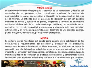 VISIÒN (S.N.O)
Se constituye en un todo integral para la atención de las necesidades y desafíos del
desarrollo de las personas y las comunidades mediante la creación de
oportunidades y espacios que permitan la liberación de las capacidades y talentos
de las mismas. Se entiende que los procesos de liberación del ser son posibles
mediante el diseño y ejecución de planes, programas y servicios de orientación
destinados al desarrollo de un ciudadano íntegro, solidario, con sentido de patria,
armonioso con consciencia ecológica, responsable y altamente apto para participar
activamente, y en forma comprometida, en el desarrollo de una sociedad pacifica,
plural, incluyente, democrática, participativa y protagónica.
MISIÒN
Se sustenta en las finalidades del Estado como garante de la satisfacción de las
necesidades y requerimientos del desarrollo y bienestar de los ciudadanos
venezolanos. En concordancia con las ideas anteriores, en el sistema se asume la
convicción que el máximo desarrollo de las personas y sus comunidades es posible
mediante los servicios y políticas públicas en materia de orientación inspiradas en la
máxima aspiración de formación de ciudadanos conscientes y comprometidos con
las acciones para mejorarse a sí mismo y por ende a la sociedad en la que conviven.

 