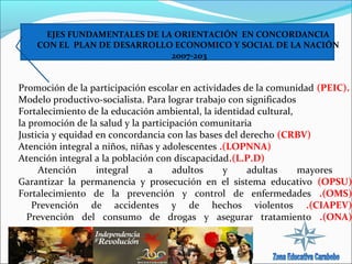 EJES FUNDAMENTALES DE LA ORIENTACIÓN EN CONCORDANCIA
CON EL PLAN DE DESARROLLO ECONOMICO Y SOCIAL DE LA NACIÓN
2007-203

Promoción de la participación escolar en actividades de la comunidad (PEIC).
Modelo productivo-socialista. Para lograr trabajo con significados
Fortalecimiento de la educación ambiental, la identidad cultural,
la promoción de la salud y la participación comunitaria
Justicia y equidad en concordancia con las bases del derecho (CRBV)
Atención integral a niños, niñas y adolescentes .(LOPNNA)
Atención integral a la población con discapacidad.(L.P.D)
Atención
integral
a
adultos
y
adultas
mayores
Garantizar la permanencia y prosecución en el sistema educativo (OPSU)
Fortalecimiento de la prevención y control de enfermedades .(OMS)
Prevención de accidentes y de hechos violentos .(CIAPEV)
Prevención del consumo de drogas y asegurar tratamiento .(ONA)

 