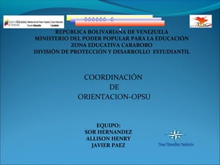 REPÚBLICA BOLIVARIANA DE VENEZUELA
MINISTERIO DEL PODER POPULAR PARA LA EDUCACIÓN
ZONA EDUCATIVA CARABOBO
DIVISIÓN DE PROTECCIÓN Y DESARROLLO ESTUDIANTIL

COORDINACIÓN
DE
ORIENTACION-OPSU

EQUIPO:
SOR HERNANDEZ
ALLISON HENRY
JAVIER PAEZ

 