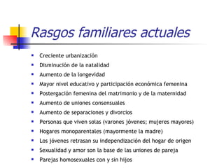 Rasgos familiares actuales Creciente urbanización Disminución de la natalidad Aumento de la longevidad Mayor nivel educativo y participación económica femenina Postergación femenina del matrimonio y de la maternidad Aumento de uniones consensuales Aumento de separaciones y divorcios Personas que viven solas (varones jóvenes; mujeres mayores) Hogares monoparentales (mayormente la madre) Los jóvenes retrasan su independización del hogar de origen Sexualidad y amor son la base de las uniones de pareja Parejas homosexuales con y sin hijos 