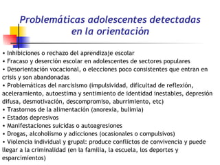 Problemáticas adolescentes detectadas en la orientación Inhibiciones o rechazo del aprendizaje escolar Fracaso y deserción escolar en adolescentes de sectores populares Desorientación vocacional, o elecciones poco consistentes que entran en crisis y son abandonadas  Problemáticas del narcisismo (impulsividad, dificultad de reflexión, aceleramiento, autoestima y sentimiento de identidad inestables, depresión difusa, desmotivación, descompromiso, aburrimiento, etc) Trastornos de la alimentación (anorexia, bulimia) Estados depresivos Manifestaciones suicidas o autoagresiones  Drogas, alcoholismo y adicciones (ocasionales o compulsivos)  Violencia individual y grupal: produce conflictos de convivencia y puede llegar a la criminalidad (en la familia, la escuela, los deportes y esparcimientos) 