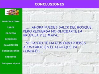 ....  AHORA PUEDES SALIR DEL BOSQUE, PERO RECUERDA NO OLVIDARTE LA BRÚJULA Y EL MAPA.....  ...SI TANTO TE HA GUSTADO PUEDES APUNTARTE EN EL CLUB QUE YA CONOCES.... CONCLUSIONES INTRODUCCIÓN TAREA PROCESO RECURSOS EVALUACIÓN CONCLUSIONES CREDITOS Guía para el profesor 