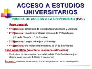 ACCESO A ESTUDIOS
              UNIVERSITARIOS
       PRUEBA DE ACCESO A LA UNIVERSIDAD ( PAU )
     Fase general:
 
     1º Ejercicio: comentario de texto (Lengua Castellana y Literatura)
 
     2º Ejercicio: Una de las materias comunes de 2º Bachillerato
        (Hª de la Filosofía, Hª de España)
 
     3º Ejercicio: Lengua extranjera (y listening)
 
     4º Ejercicio: una materia de modalidad de 2º de Bachillerato
Fase específica (voluntaria, mejora la calificación):
 
     Cualquiera de las materias de modalidad de 2º de Bachillerato (no
     elegida en el ejercicio 4. Hasta 3 exámenes)
Acceso:    Nota media del Bachillerato: 60% + Fase general PAU: 40% + Fase específica
 