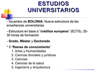 ESTUDIOS
               UNIVERSITARIOS
- Acuerdos de BOLONIA: Nueva estructura de las
enseñanzas universitarias
- Estructura en base a “créditos europeos” (ECTS). 25-
30 horas de formación
- Grado, Máster y Doctorado
* 5 “Ramas de conocimiento”
    1. Artes y Humanidades
    2. Ciencias Sociales y jurídicas
    3. Ciencias
    4. Ciencias de la salud
    5. Ingeniería y Arquitectura
 
