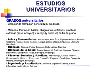 ESTUDIOS
                       UNIVERSITARIOS

GRADOS universitarios
- Carácter de formación general (240 créditos).

- Materias: formación básica, obligatorias, optativas, prácticas
externas (si se incluyen) y trabajo (y defensa) de fin de grado.

• Artes y Humanidades: Antropología, Arte, Ética, Expresión Artística, Filosofía,
Geografía, Historia, Idioma Moderno, Lengua, Lengua Clásica, Lingüística, Literatura,
Sociología.
• Ciencias: Biología, Física, Geología, Matemáticas, Química.
• Ciencias de la Salud: Anatomía Animal, Anatomía Humana, Biología,
Bioquímica, Estadística, Física, Fisiología, Psicología.
• Ciencias Sociales y Jurídicas : Antropología, Ciencia Política,
Comunicación, Derecho, Economía, Educación, Empresa, Estadística, Geografía,
Historia, Psicología, Sociología.
• Ingeniería y Arquitectura : Empresa, Expresión Gráfica, Física,
Informática, Matemáticas,Química.
 