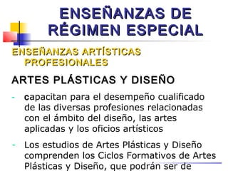 ENSEÑANZAS DE
         RÉGIMEN ESPECIAL
ENSEÑANZAS ARTÍSTICAS
  PROFESIONALES

ARTES PLÁSTICAS Y DISEÑO
-   c apacitan para el desempeño cualificado
    de las diversas profesiones relacionadas
    con el ámbito del diseño, las artes
    aplicadas y los oficios artísticos
- Los estudios de Artes Plásticas y Diseño
  comprenden los Ciclos Formativos de Artes
  Plásticas y Diseño, que podrán ser de
 