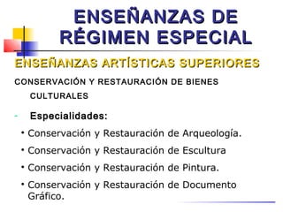 ENSEÑANZAS DE
              RÉGIMEN ESPECIAL
ENSEÑANZAS ARTÍSTICAS SUPERIORES
CONSERVACIÓN Y RESTAURACIÓN DE BIENES
        CULTURALES

-       Especialidades:
    
        Conservación y Restauración de Arqueología.
    
        Conservación y Restauración de Escultura
    
        Conservación y Restauración de Pintura.
    
        Conservación y Restauración de Documento
        Gráfico.
 