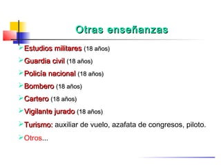 Otras enseñanzas
Estudios militares (18 años)
Guardia civil (18 años)
Policía nacional (18 años)
Bombero (18 años)
Cartero (18 años)
Vigilante jurado (18 años)
Turismo: auxiliar de vuelo, azafata de congresos, piloto.
Otros...
 
