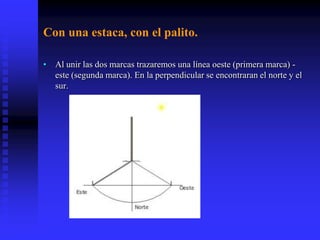 Con una estaca, con el palito.
• Al unir las dos marcas trazaremos una línea oeste (primera marca) -
este (segunda marca). En la perpendicular se encontraran el norte y el
sur.
 
