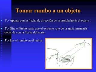 Tomar rumbo a un objeto
• 1º.- Apunta con la flecha de dirección de la brújula hacia el objeto ..
• 2º.- Gira el limbo hasta que el extremo rojo de la aguja imantada
coincida con la flecha del norte
• 3º.- Lee el rumbo en el índice.
 