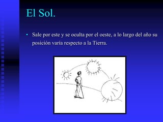 El Sol.
• Sale por este y se oculta por el oeste, a lo largo del año su
posición varía respecto a la Tierra.
 
