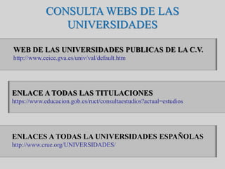 CONSULTA WEBS DE LAS
UNIVERSIDADES
ENLACE A TODAS LAS TITULACIONES
https://www.educacion.gob.es/ruct/consultaestudios?actual=estudios
ENLACES A TODAS LA UNIVERSIDADES ESPAÑOLAS
http://www.crue.org/UNIVERSIDADES/
WEB DE LAS UNIVERSIDADES PUBLICAS DE LA C.V.
http://www.ceice.gva.es/univ/val/default.htm
 