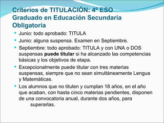 Criterios de TITULACIÓN: 4º ESO
Graduado en Educación Secundaria
Obligatoria
 Junio: todo aprobado: TITULA
 Junio: alguna suspensa. Examen en Septiembre.
 Septiembre: todo aprobado: TITULA y con UNA o DOS
  suspensas puede titular si ha alcanzado las competencias
  básicas y los objetivos de etapa.
 Excepcionalmente puede titular con tres materias
  suspensas, siempre que no sean simultáneamente Lengua
  y Matemáticas.
 Los alumnos que no titulen y cumplan 18 años, en el año
  que acaban, con hasta cinco materias pendientes, disponen
  de una convocatoria anual, durante dos años, para
       superarlas.
 