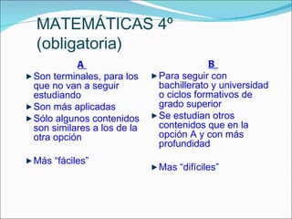 MATEMÁTICAS 4º
(obligatoria)
          A                             B
Son terminales, para los    Para seguir con
que no van a seguir         bachillerato y universidad
estudiando                  o ciclos formativos de
Son más aplicadas           grado superior
Sólo algunos contenidos     Se estudian otros
son similares a los de la   contenidos que en la
otra opción                 opción A y con más
                            profundidad
Más “fáciles”
                            Mas “difíciles”
 