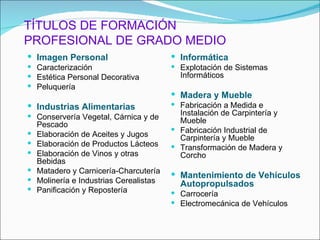 TÍTULOS DE FORMACIÓN
PROFESIONAL DE GRADO MEDIO
 Imagen Personal                         Informática
 Caracterización                         Explotación de Sistemas
 Estética Personal Decorativa             Informáticos
 Peluquería
                                          Madera y Mueble
 Industrias Alimentarias                 Fabricación a Medida e
 Conservería Vegetal, Cárnica y de        Instalación de Carpintería y
    Pescado                                Mueble
                                          Fabricación Industrial de
   Elaboración de Aceites y Jugos         Carpintería y Mueble
   Elaboración de Productos Lácteos      Transformación de Madera y
   Elaboración de Vinos y otras           Corcho
    Bebidas
   Matadero y Carnicería-Charcutería     Mantenimiento de Vehículos
   Molinería e Industrias Cerealistas     Autopropulsados
   Panificación y Repostería             Carrocería
                                          Electromecánica de Vehículos
 
