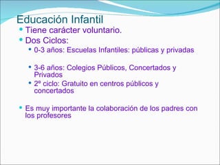 Educación Infantil
 Tiene carácter voluntario.
 Dos Ciclos:
   0-3 años: Escuelas Infantiles: públicas y privadas

   3-6 años: Colegios Públicos, Concertados y
    Privados
   2º ciclo: Gratuito en centros públicos y
    concertados

 Es muy importante la colaboración de los padres con
 los profesores
 