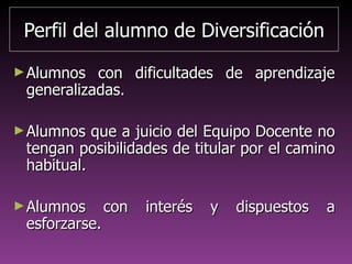 Perfil del alumno de DiversificaciónPerfil del alumno de Diversificación
►Alumnos con dificultades de aprendizajeAlumnos con dificultades de aprendizaje
generalizadasgeneralizadas
►Alumnos que a juicio del Equipo Docente noAlumnos que a juicio del Equipo Docente no
tengan posibilidades de titular por el caminotengan posibilidades de titular por el camino
habitualhabitual
►Alumnos con interés y dispuestos aAlumnos con interés y dispuestos a
esforzarse, sin problemas deesforzarse, sin problemas de
comportamientocomportamiento
 
