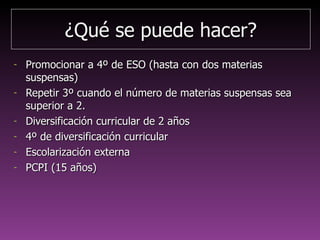 ¿Qué se puede hacer?¿Qué se puede hacer?
- Promocionar a 4º de ESO (hasta con dos materiasPromocionar a 4º de ESO (hasta con dos materias
suspensas)suspensas)
- Repetir 3º cuando el número de materias suspensas seaRepetir 3º cuando el número de materias suspensas sea
superior a 2.superior a 2.
- Diversificación curricular de 2 añosDiversificación curricular de 2 años
- 4º de diversificación curricular4º de diversificación curricular
- Centros sociolaboralesCentros sociolaborales
- PCPI (15 años)PCPI (15 años)
 