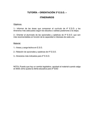 TUTORÍA – ORIENTACIÓN 3º E.S.O. –
ITINERARIOS
Objetivos:
1.- Informar de las áreas que componen el currículo de 4º E.S.O. y los
itinerarios más adecuados según los estudios o salidas posteriores a la etapa.
2.- Orientar al alumnado de las opcionales y optativas de 4º E.S.O. que son
más recomendables en función de la capacidad e intereses de cada uno.
Material:
1.- Areas y carga lectiva en E.S.O.
2.- Relación de opcionales y optativas de 4º E.S.O.
3.- Itinerarios más indicados para 4º E.S.O.
NOTA: Puesto que hay un cambio legislativo, aportaré el material cuando salga
en BOE cómo queda la oferta educativa para 4º ESO
 