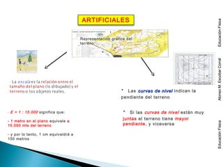ARTIFICIALES
⋅ E = 1 : 15.000 significa que:
- 1 metro en el plano equivale a
15.000 mts del terreno
- y por lo tanto, 1 cm equivaldrá a
150 metros
Representación gráfica del
terreno.
⋅ Las curvas de nivelcurvas de nivel indican la
pendiente del terreno
⋅ Si las curvas de nivel están muy
juntas el terreno tiene mayor
pendiente, y viceversa
EducaciónFísicaAlonsoM.EscobarCorralEducaciónFísicaEducaciónFísicaAlonsoM.EscobarCorralEducaciónFísica
 