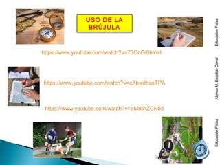 USO DE LA
BRÚJULA
EducaciónFísicaAlonsoM.EscobarCorralEducaciónFísicaEducaciónFísicaAlonsoM.EscobarCorralEducaciónFísica
https://www.youtube.com/watch?v=73OnGi0hYwI
https://www.youtube.com/watch?v=cAbwdhxoTPA
https://www.youtube.com/watch?v=qMrIlAZCN5c
 