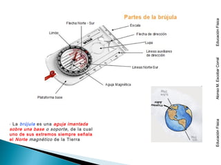 ⋅ La brújula es una aguja imantada
sobre una base o soporte, de la cual
uno de sus extremos siempre señala
el Norte magnético de la Tierra
EducaciónFísicaAlonsoM.EscobarCorralEducaciónFísicaEducaciónFísicaAlonsoM.EscobarCorralEducaciónFísica
 