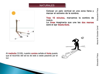 NATURALESNATURALES
Colocar un palo vertical en una zona llana yColocar un palo vertical en una zona llana y
marcar el extremo de la sombra.marcar el extremo de la sombra.
Tras 15 minutosTras 15 minutos , marcamos la sombra de, marcamos la sombra de
nuevo.nuevo.
La lLa líneaínea imaginaria que une lasimaginaria que une las dos marcasdos marcas
será el ejeserá el eje Oeste-Este.Oeste-Este.
AlAl mediodíamediodía (12:00), nuestra(12:00), nuestra sombrasombra señala elseñala el NorteNorte puestopuesto
que el recorrido del sol es de este a oeste pasando por elque el recorrido del sol es de este a oeste pasando por el
sur.sur.
EducaciónFísicaAlonsoM.EscobarCorralEducaciónFísicaEducaciónFísicaAlonsoM.EscobarCorralEducaciónFísica
 