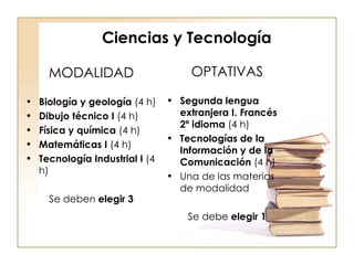 Ciencias y Tecnología MODALIDAD Biología y geología  (4 h)  Dibujo técnico I  (4 h) Física y química  (4 h)  Matemáticas I  (4 h) Tecnología Industrial I  (4 h) Se deben  elegir 3 OPTATIVAS Segunda lengua extranjera I. Francés 2º idioma  (4 h) Tecnologías de la Información y de la Comunicación  (4 h) Una de las materias de modalidad  Se debe  elegir 1 