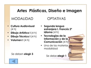 Artes  Plásticas, Diseño e Imagen MODALIDAD Cultura Audiovisual  (4 h) Dibujo Artístico I  (4 h) Dibujo Técnico I  (4 h) Volumen I  (4 h) Se deben  elegir 3 OPTATIVAS Segunda lengua extranjera I. Francés 2º idioma  (4 h) Tecnologías de la Información y de la Comunicación  (4 h) Una de las materias de modalidad  Se debe  elegir 1 