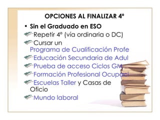 OPCIONES AL FINALIZAR 4º Sin el Graduado en ESO Repetir 4º (vía ordinaria o DC) Cursar un  Programa de Cualificación Profesional Inicial Educación Secundaria de Adultos Prueba de acceso Ciclos GM Formación Profesional Ocupacional  Escuelas Taller  y Casas de Oficio Mundo laboral 