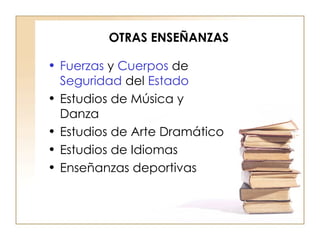 OTRAS ENSEÑANZAS Fuerzas  y  Cuerpos  de  Seguridad  del  Estado Estudios de Música y Danza Estudios de Arte Dramático Estudios de Idiomas Enseñanzas deportivas 