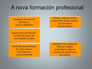 A nova formación profesional
Ampliación da duración
de todos os
ciclos a 2.000 horas
Equiparación da titulación
co resto dos países da
comunidade europea
Certificado de prevención
de riscos laborais
(nivel básico) e
carné profesional
Acceso a calquera estudo
universitario desde calquera
ciclo formativo
de grao superior
Validación dos estudos de
FPGS por créditos
universitarios (Sistema
Europeo de transferencia
de créditos)
 