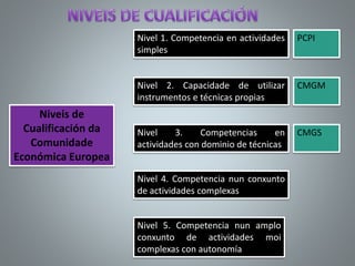 Niveis de
Cualificación da
Comunidade
Económica Europea
Nivel 1. Competencia en actividades
simples
Nivel 2. Capacidade de utilizar
instrumentos e técnicas propias
Nivel 3. Competencias en
actividades con dominio de técnicas
Nivel 4. Competencia nun conxunto
de actividades complexas
Nivel 5. Competencia nun amplo
conxunto de actividades moi
complexas con autonomía
PCPI
CMGM
CMGS
 
