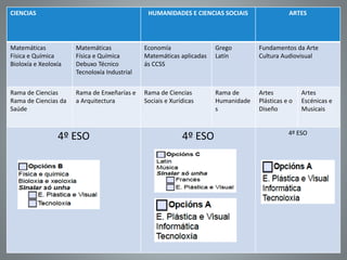 CIENCIAS HUMANIDADES E CIENCIAS SOCIAIS ARTES
Matemáticas
Física e Química
Bioloxía e Xeoloxía
Matemáticas
Física e Química
Debuxo Técnico
Tecnoloxía Industrial
Economía
Matemáticas aplicadas
ás CCSS
Grego
Latín
Fundamentos da Arte
Cultura Audiovisual
Rama de Ciencias
Rama de Ciencias da
Saúde
Rama de Enxeñarías e
a Arquitectura
Rama de Ciencias
Sociais e Xurídicas
Rama de
Humanidade
s
Artes
Plásticas e o
Diseño
Artes
Escénicas e
Musicais
4º ESO 4º ESO
4º ESO
4º ESO
 