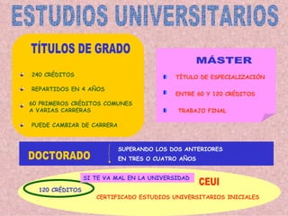 ESTUDIOS UNIVERSITARIOS TÍTULOS DE GRADO 240 CRÉDITOS REPARTIDOS EN 4 AÑOS 60 PRIMEROS CRÉDITOS COMUNES A VARIAS CARRERAS PUEDE CAMBIAR DE CARRERA DOCTORADO SUPERANDO LOS DOS ANTERIORES EN TRES O CUATRO AÑOS MÁSTER TÍTULO DE ESPECIALIZACIÓN ENTRE 60 Y 120 CRÉDITOS TRABAJO FINAL SI TE VA MAL EN LA UNIVERSIDAD CEUI CERTIFICADO ESTUDIOS UNIVERSITARIOS INICIALES 120 CRÉDITOS 