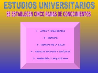 ESTUDIOS UNIVERSITARIOS SE ESTABLECEN CINCO RAMAS DE CONOCIMIENTOS 1-  ARTES Y HUMANIDADES 2-  CIENCIAS 3-  CIENCIAS DE LA SALUD 4-  CIENCIAS SOCIALES Y JURÍDICAS 5-  INGENIERÍA Y ARQUITECTURA 