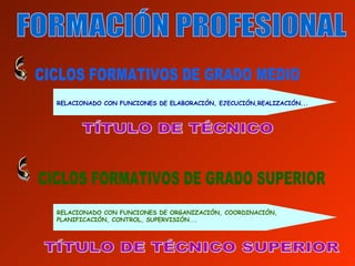 FORMACIÓN PROFESIONAL CICLOS FORMATIVOS DE GRADO MEDIO RELACIONADO CON FUNCIONES DE ELABORACIÓN, EJECUCIÓN,REALIZACIÓN... CICLOS FORMATIVOS DE GRADO SUPERIOR RELACIONADO CON FUNCIONES DE ORGANIZACIÓN, COORDINACIÓN, PLANIFICACIÓN, CONTROL, SUPERVISIÓN... TÍTULO DE TÉCNICO TÍTULO DE TÉCNICO SUPERIOR 