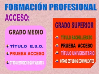 FORMACIÓN PROFESIONAL ACCESO: GRADO MEDIO TÍTULO  E.S.O. PRUEBA ACCESO OTROS ESTUDIOS EQUIVALENTES GRADO SUPERIOR TÍTULO BACHILLERATO PRUEBA  ACCESO TÍTULO UNIVERSITARIO OTROS ESTUDIOS EQUIVALENTES 
