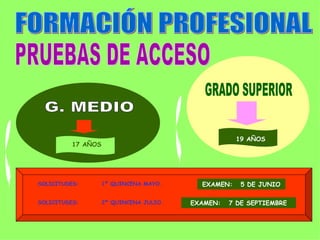 FORMACIÓN PROFESIONAL PRUEBAS DE ACCESO G. MEDIO  17 AÑOS GRADO SUPERIOR 19 AÑOS SOLICITUDES:  1ª QUINCENA MAYO.  EXAMEN:  5 DE JUNIO SOLICITUDES:  2ª QUINCENA JULIO.  EXAMEN:  7 DE SEPTIEMBRE 