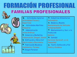 FORMACIÓN PROFESIONAL FAMILIAS PROFESIONALES Actividades Agrarias Actividades Físicas y Deportivas Actividades Marítimo Pesqueras Administración Artes Gráficas Comercio y Marketing Comunicación, Imagen, Sonido Edificación y Obra Civil Electricidad y Electrónica Fabricación Mecánica Hostelería y Turismo   Imagen Personal Industrias Alimentarias Informática Madera y Mueble Mantenimiento de Vehículos Autopropulsados Mantenimiento y Serv . a la Producción Química Sanidad Servicios Sociocult .  y a la Comunidad Textil, Confección y Piel Vidrio y Cerámica   