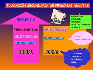     EDUCACIÓN SECUNDARIA DE PERSONAS ADULTAS NIVELES  I - II TRES ÁMBITOS CIENTÍFICO-TECNOLÓGICO COMUNICACIÓN SOCIAL CIENTÍFICO-TECNOLÓGICO MATEMÁTICAS NATURALEZA TECNOLOGÍA SALUD - M.  AMBIENTE ED. FÍSICA COMUNICACIÓN LENGUA LENGUA EXTRANJERA SOCIAL CC  SOCIALES CIUDADANÍA ED. PLÁSTICA MÚSICA 