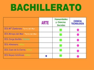 BACHILLERATO CIENCIA  TECNOLOGÍA ARTE Humanidades y Ciencias  Sociales IES Mª Zambrano .  Torre del Mar. IES Miraya del Mar.  Torre del Mar. IES Jorge Guillén.  Torrox. IES Almenara.  Vélez. IES Juan de la Cierva.  Vélez. IES Reyes Católicos.  Vélez. 