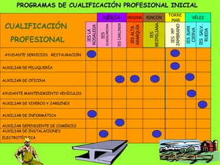 AYUDANTE SERVICIOS  RESTAURACIÓN AUXILIAR DE PELUQUERÍA AUXILIAR DE OFICINA AYUDANTE MANTENIMIENTO VEHÍCULOS AUXILIAR DE VIVEROS Y JARDINES AUXILIAR DEPENDIENTE DE COMERCIO AUXILIAR DE INSTALACIONES  ELECTROTÉCNICA NERJA IES  GUADALMEDINA IES CARLINDA PERIANA IES ALTA AXARQUÍA RINCÓN IES BEZMILIANA TORRE MAR IES  Mª  ZAMBRANO VÉLEZ IES JUAN CIERVA IES  SALV. RUEDA CUALIFICACIÓN  PROFESIONAL PROGRAMAS DE CUALIFICACIÓN PROFESIONAL INICIAL AUXILIAR DE INFORMÁTICA IES LA  ROSALEDA 