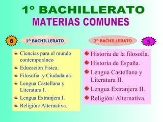 Ciencias para el mundo contemporáneo Educación Física. Filosofía  y Ciudadanía. Lengua Castellana y Literatura I. Lengua Extranjera I. Religión/ Alternativa. Historia de la filosofía. Historia de España.  Lengua Castellana y Literatura II. Lengua Extranjera II. Religión/ Alternativa. 1º BACHILLERATO 2º BACHILLERATO 6 5 1º BACHILLERATO MATERIAS COMUNES 