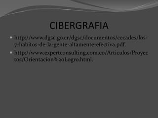 CIBERGRAFIA
 http://www.dgsc.go.cr/dgsc/documentos/cecades/los-
7-habitos-de-la-gente-altamente-efectiva.pdf.
 http://www.expertconsulting.com.co/Articulos/Proyec
tos/Orientacion%20Logro.html.
 