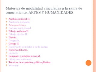Materias de modalidad vinculadas a la rama de conocimiento: ARTES Y HUMANIDADES Análisis musical II. Anatomía aplicada. Artes escénicas . Cultura audiovisual. Dibujo artístico II. Dibujo técnico II. Diseño. Geografía. Griego II. Historia de la música y de la danza. Historia del arte. Latín II. Lenguaje y práctica musical. Literatura universal. Técnicas de expresión gráfico-plástica. Volumen. 