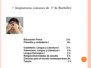 Asignaturas comunes de  1º de Bachiller Educación Física  2 h. Filosofía y ciudadanía I  2h.  Castellano: Lengua y Literatura I  3 h. Valenciano: Lengua y Literatura I  3 h. Lengua Extranjera I  3 h. Religión/Actividades de estudio  2 h. Ciencias para el mundo contemporáneo 2h. Tutoría  1 h. 