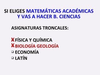 ASIGNATURAS TRONCALES:
 FÍSICA Y QUÍMICA
 BIOLOGÍA GEOLOGÍA
 ECONOMÍA
 LATÍN
SI ELIGES MATEMÁTICAS ACADÉMICAS
Y VAS A HACER B. CIENCIAS
X
X
 