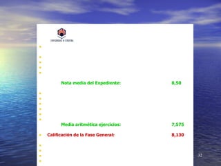 • Pruebas de Acceso a la Universidad
•   Curso:2011/2012                             Convocatoria: Junio

•   D.N.I:            30.000.000
•   Apellidos:        MARTÍNEZ GÓMEZ
•   Nombre:           FRANCISCO JAVIER
•   Centro:           I.E.S. CÓRDOBA

           Nota media del Expediente:                        8,50

•   CALIFICACIONES OBTENIDAS POR EL ALUMNO
•   Fase General
•   Comentario de Texto Lengua Castellana: 7,52
•   Historia de España:                         6,75
•   Lengua Extranjera (Inglés):            8,25
•   CC. de la Tierra y Medioambientales:   7,78
            Media aritmética ejercicios:                     7,575

•   Calificación de la Fase General:                         8,130

•   Fase Específica
•   Biología:                            8,28
•   Química:                             8,25                         32
•   Matemáticas II:                      7,23
 